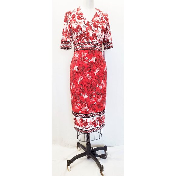 Maggy London Womens Red White Border Print Floral Short Sleeve Midi Dress NWT 2 - Picture 12 of 13